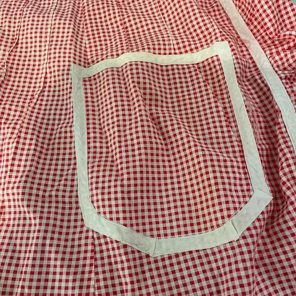 Vintage Red White Gingham Half Apron Ruffle Hem 2 Pockets 75” Waist Tie